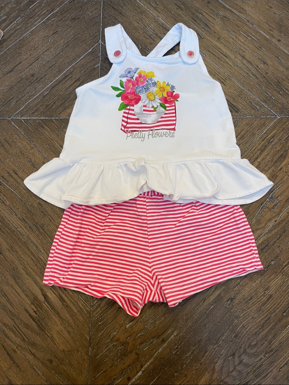 Mayoral White Floral Peplum Romper with Pink Striped Shorts